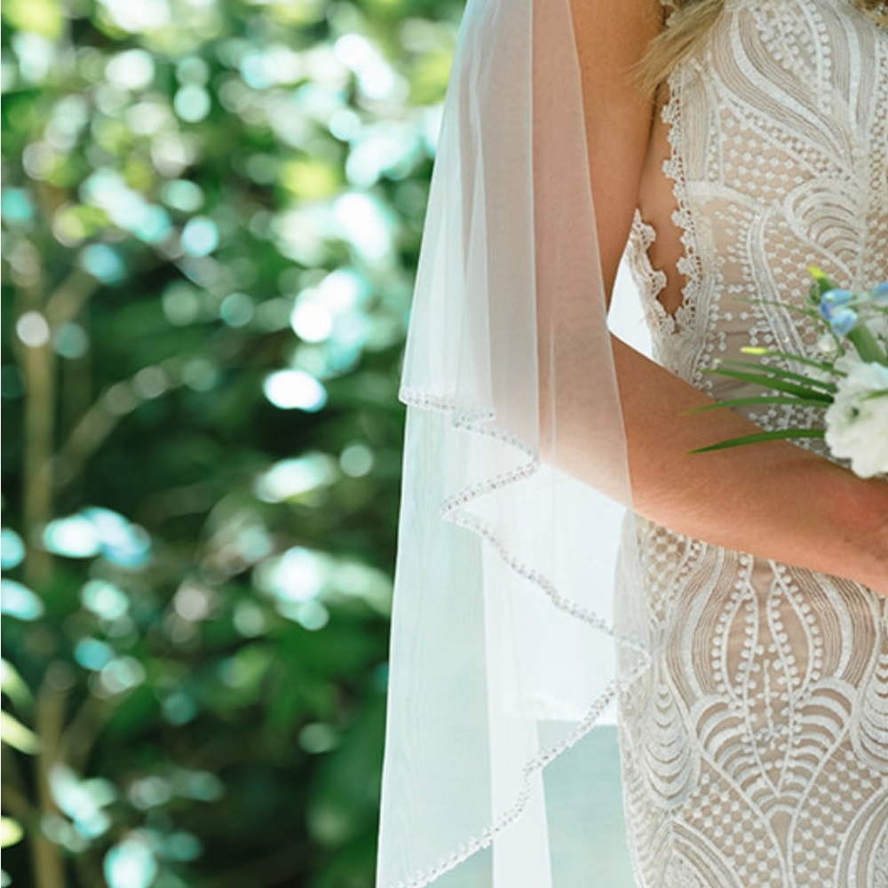 Elegant Ivory Hand Beaded Blusher finger tip length veil